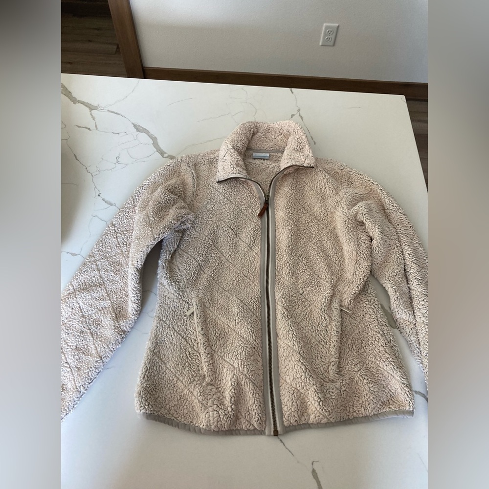 Women Columbia zip zipper coat jacket cream black speckled speck pocket collar
